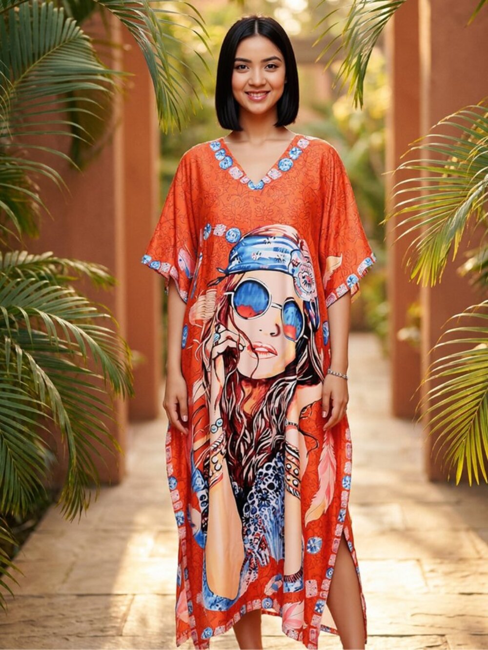Plus Size Polyester Caftan Dress Long Loose Beach Maxi Dresses for Resort Wear